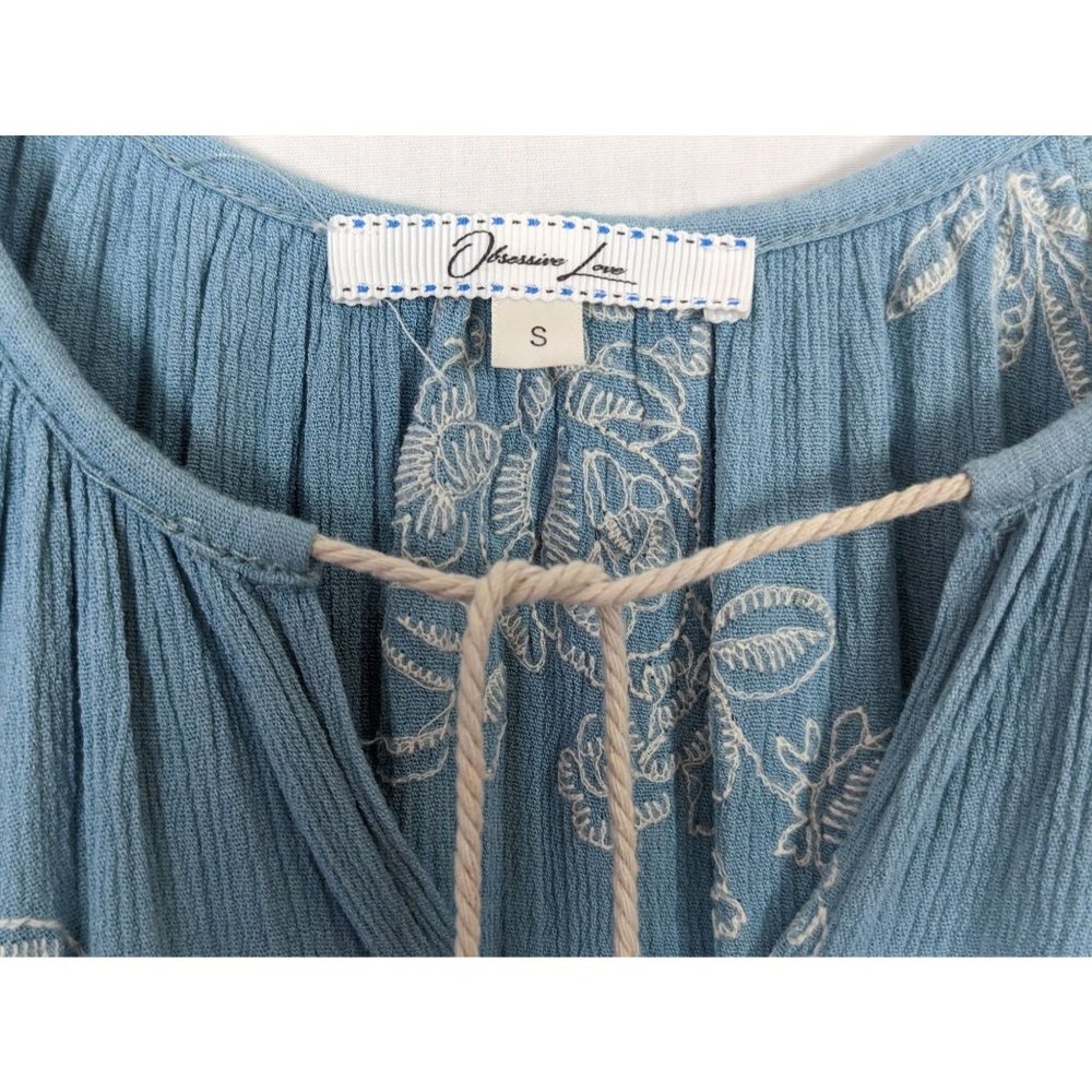 Obsessive Love baby blue Embroidered Floral boho tassel peasant Tunic top S - Picture 5 of 9